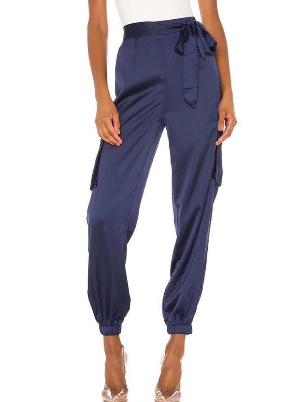 Revolve superdown Navy Satin Tie-Waist Cargo Joggers